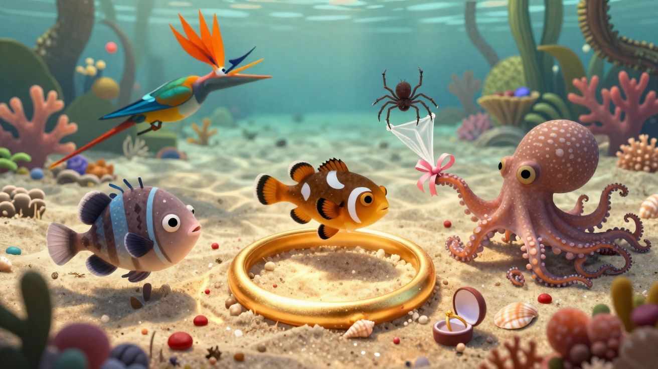 Cena subaquática animada com polvo segurando buquê de aranha, peixes coloridos e anel dourado no fundo do mar.