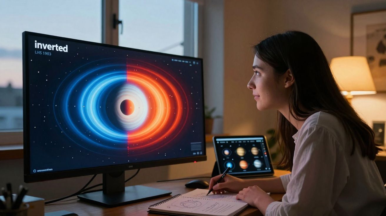 Mulher estudando astronomia com tela mostrando buraco negro e caderno de anotações à mesa.