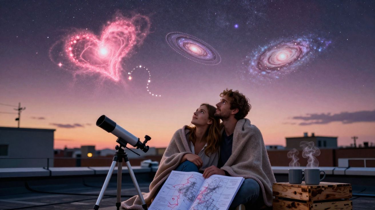Casal abraçado com cobertor no telhado olhando telescópio e céu com galáxias e coração luminoso.