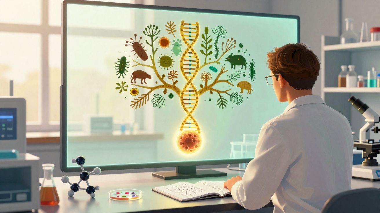 Cientista observa em laboratório tela com DNA e árvore da vida representando biodiversidade e evolução genética.