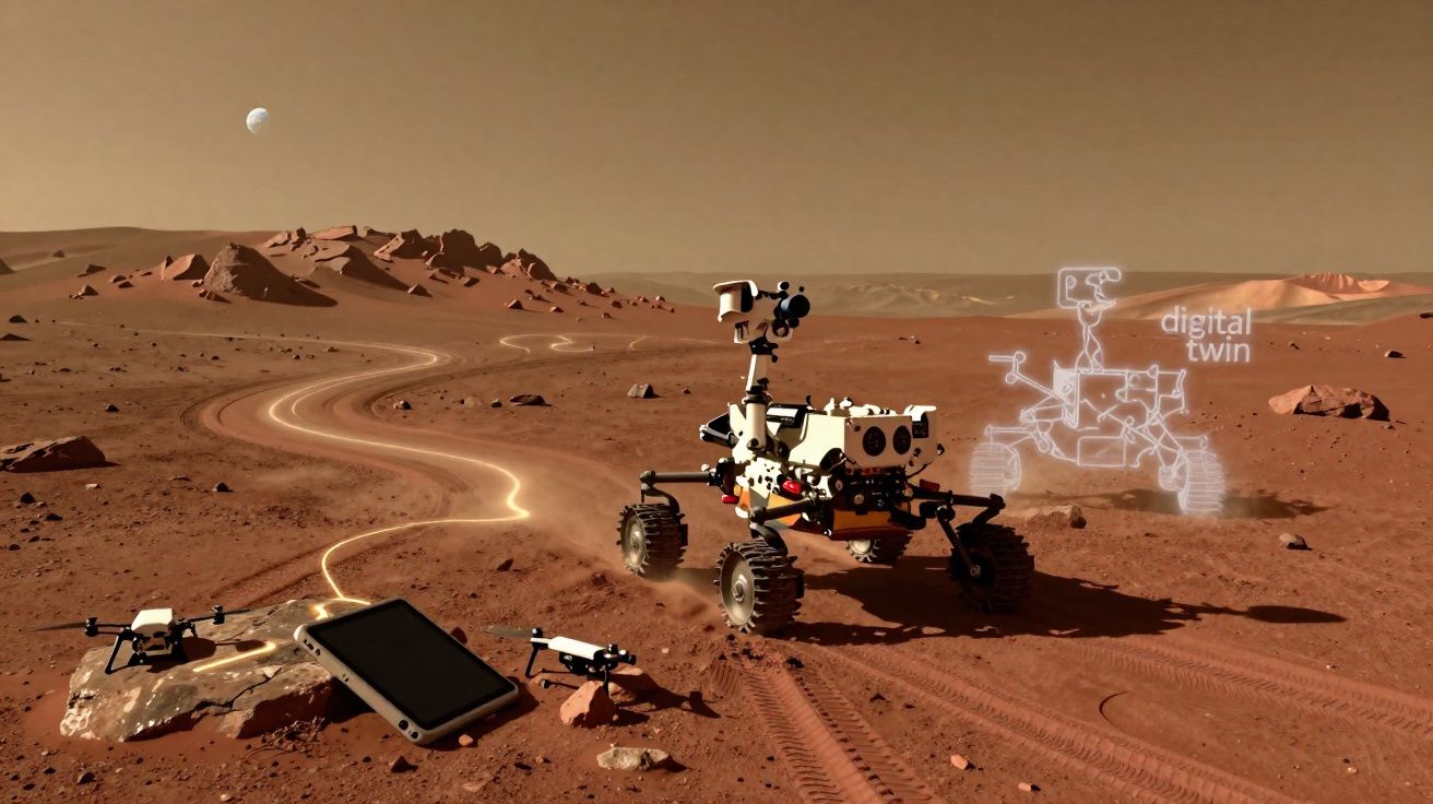 Rover explorando superfície de Marte com drones, tablet e imagem digital de gêmeo sendo projetada.