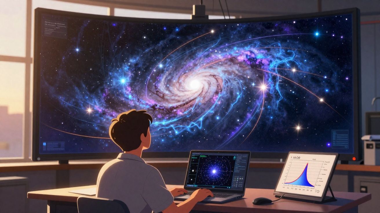 Pessoa sentada diante de tela grande mostrando galáxia espiral e outros dispositivos com gráficos e constelações.