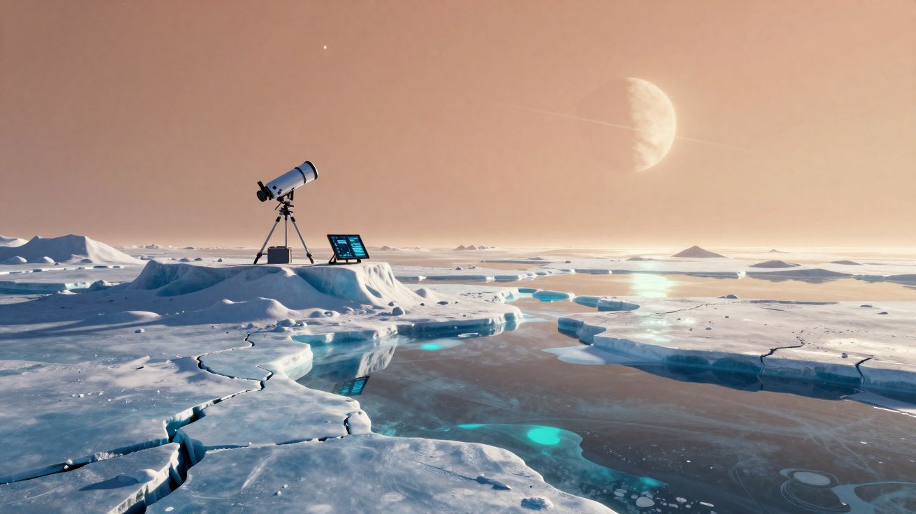 Telescópio e computador sobre gelo quebrado perto de água, com planeta gigante ao fundo.