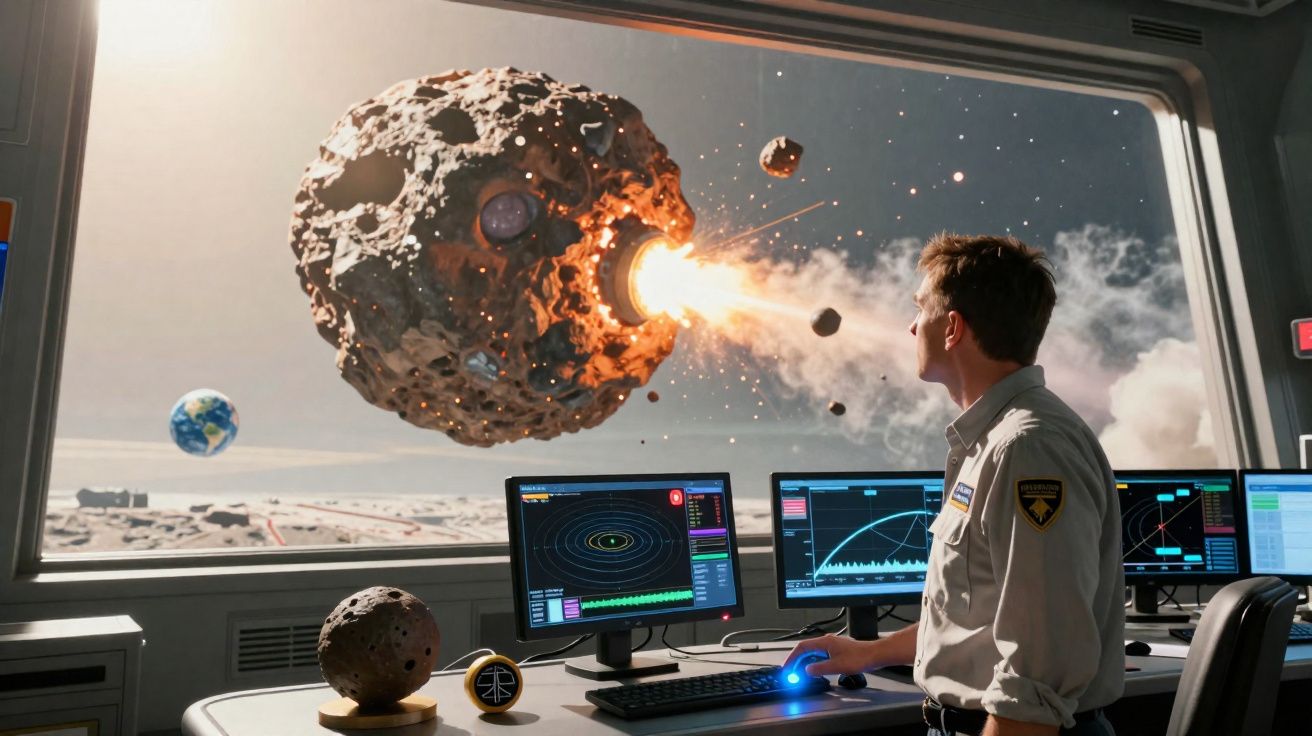 Homem em controle espacial observa explosão de asteroide gigante através de grande janela na nave.