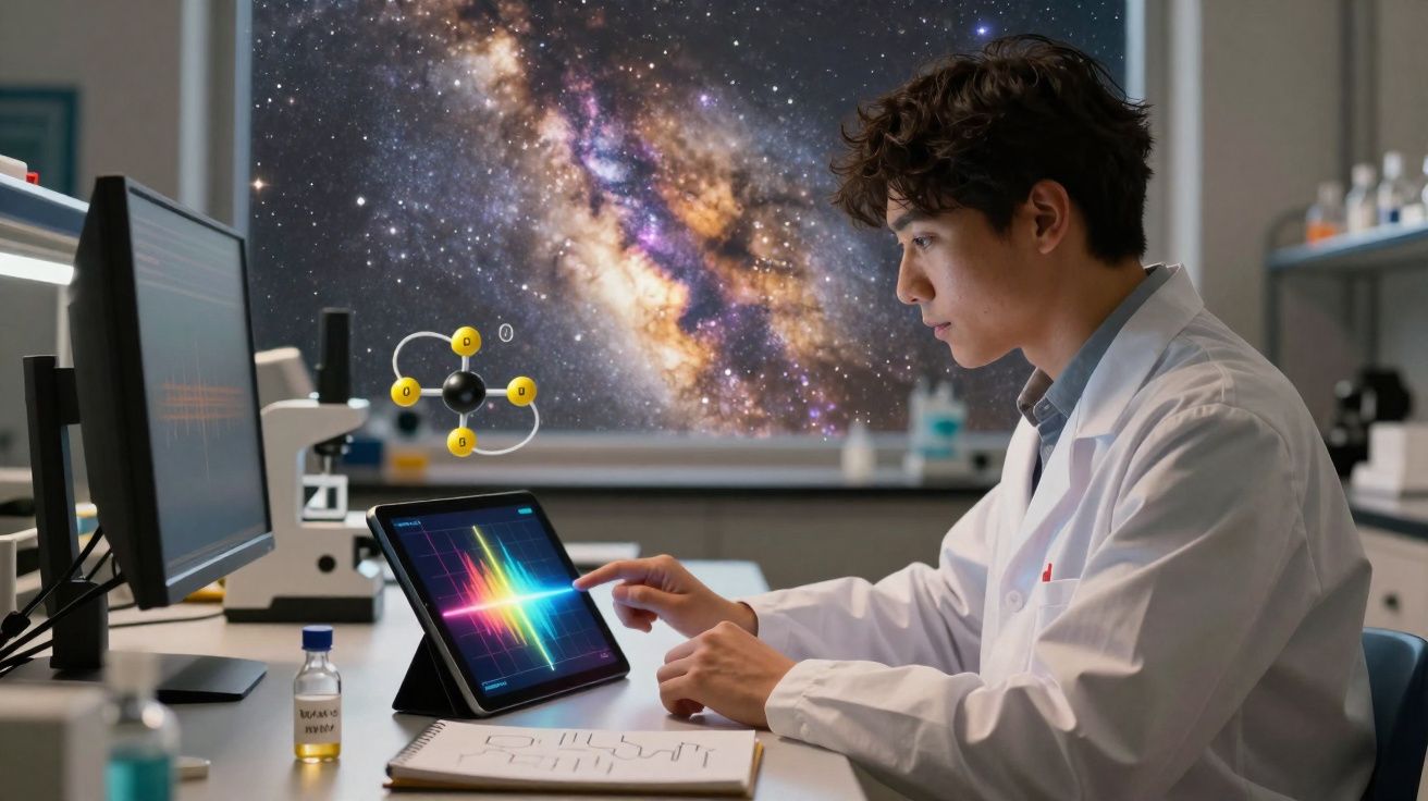 Jovem cientista em laboratório usando tablet para analisar dados com imagem da galáxia ao fundo.