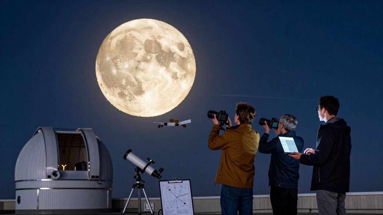 Três pessoas observam a lua cheia com telescópio, binóculo e notebook em observatório noturno.