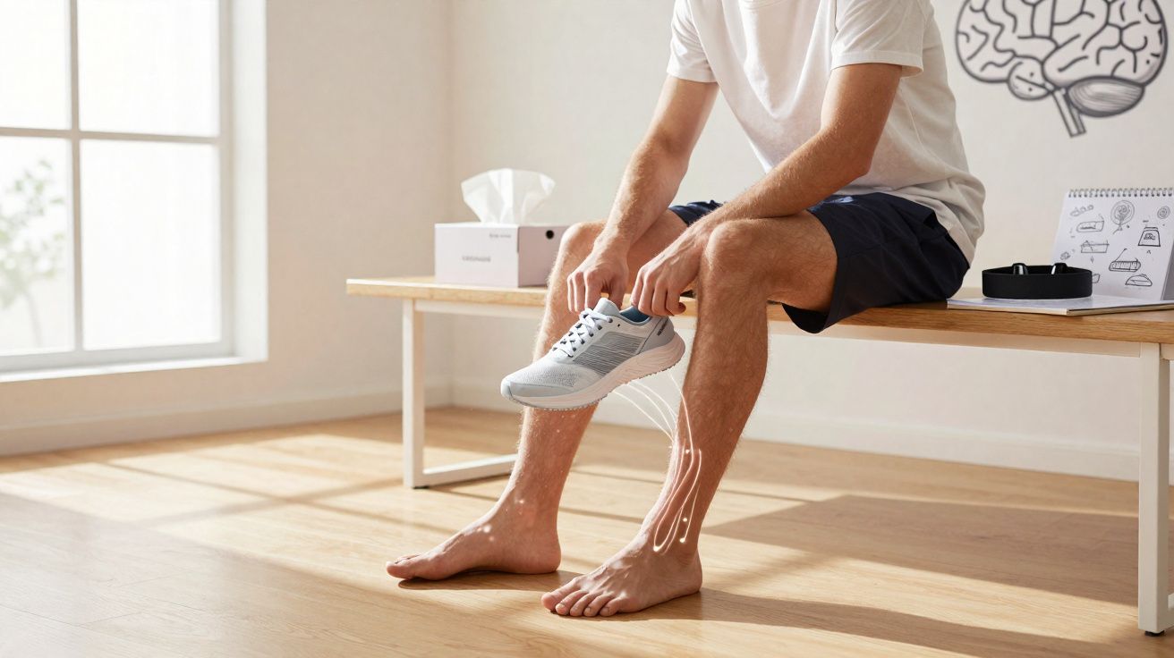 Homem sentado amarra tênis em sala iluminada, com desenho de nervos nas pernas visível.