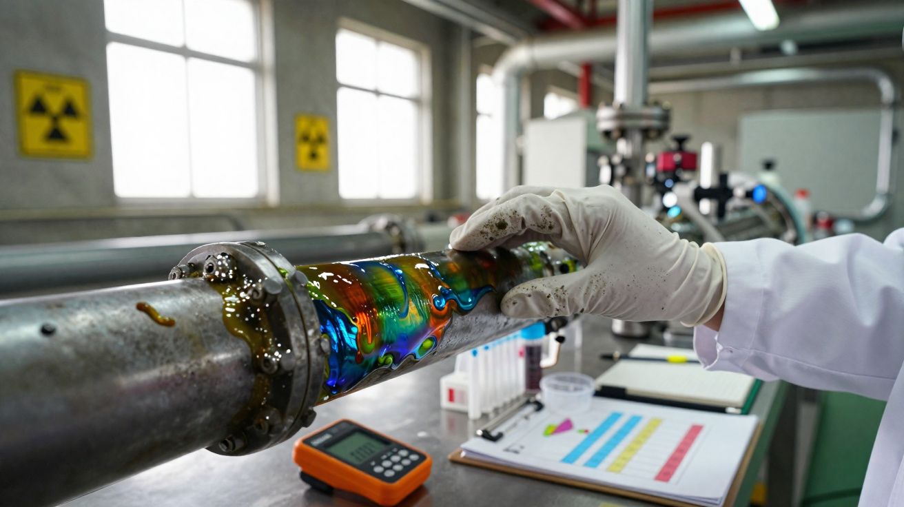 Mão com luva branca segurando tubulação metálica com líquido colorido semitransparente em laboratório industrial.