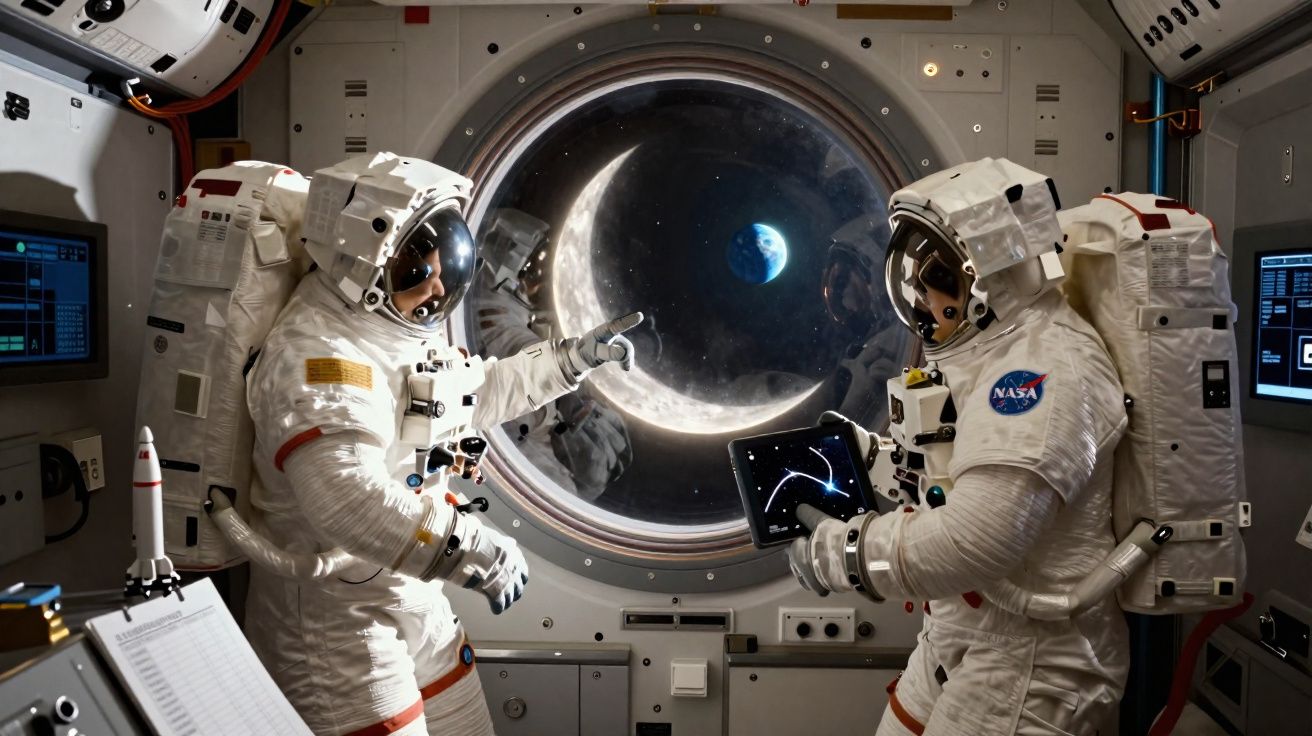 Dois astronautas em traje espacial dentro de estação espacial observando a Terra e a Lua pela janela.