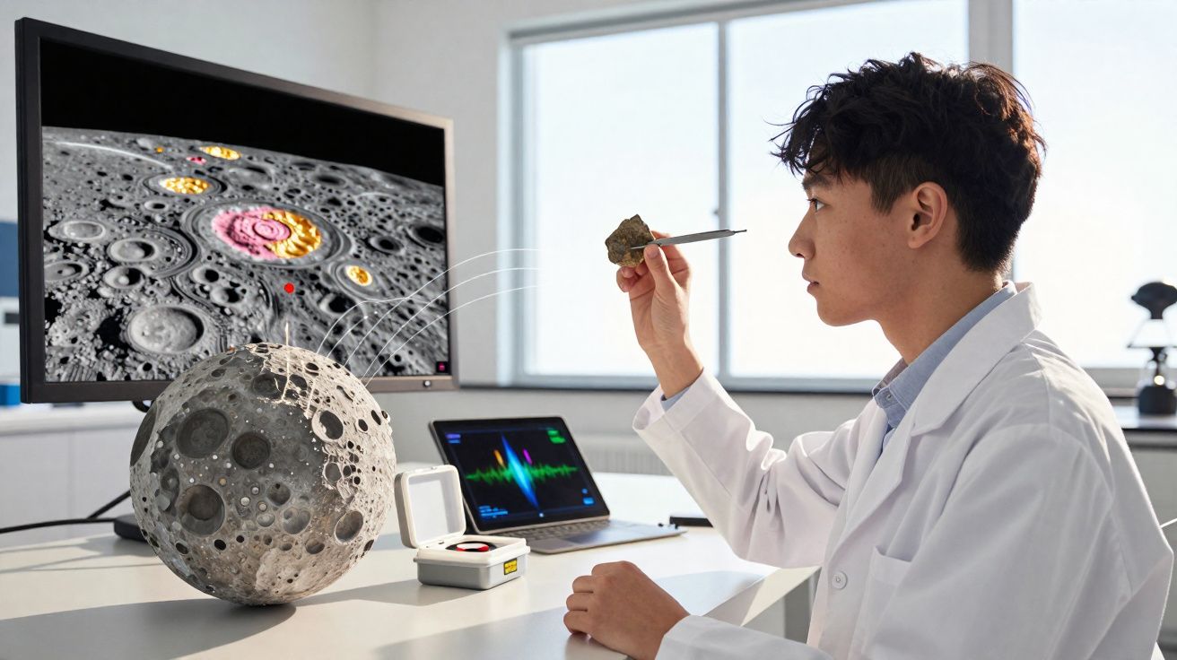 Cientista em laboratório analisa amostra de rocha lunar com equipamentos tecnológicos e modelo da Lua.