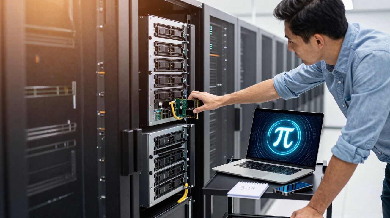 Homem trabalhando em servidor de dados com notebook aberto mostrando símbolo matemático pi em sala de TI.