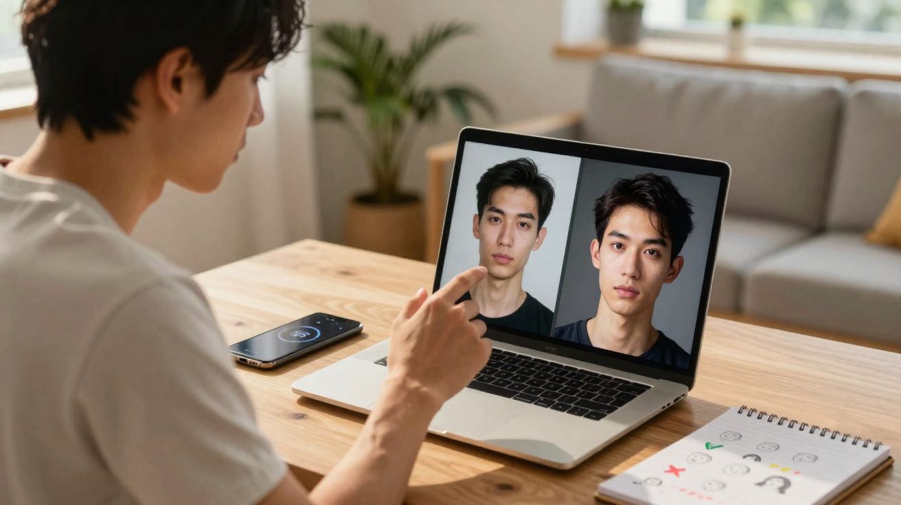 Jovem sentado à mesa, olhando para antes e depois de fotos de rosto no laptop.