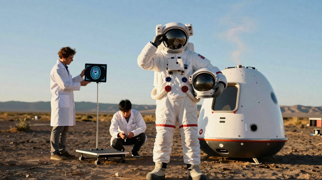 Astronauta em traje espacial em área desértica com cápsula e cientistas usando jalecos brancos ao fundo.