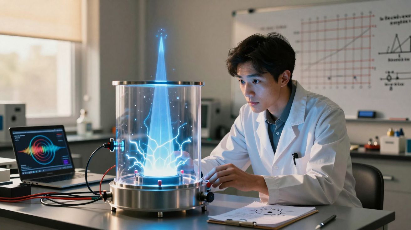 Cientista em jaleco observa experimento com dispositivo holográfico azul em laboratório moderno.