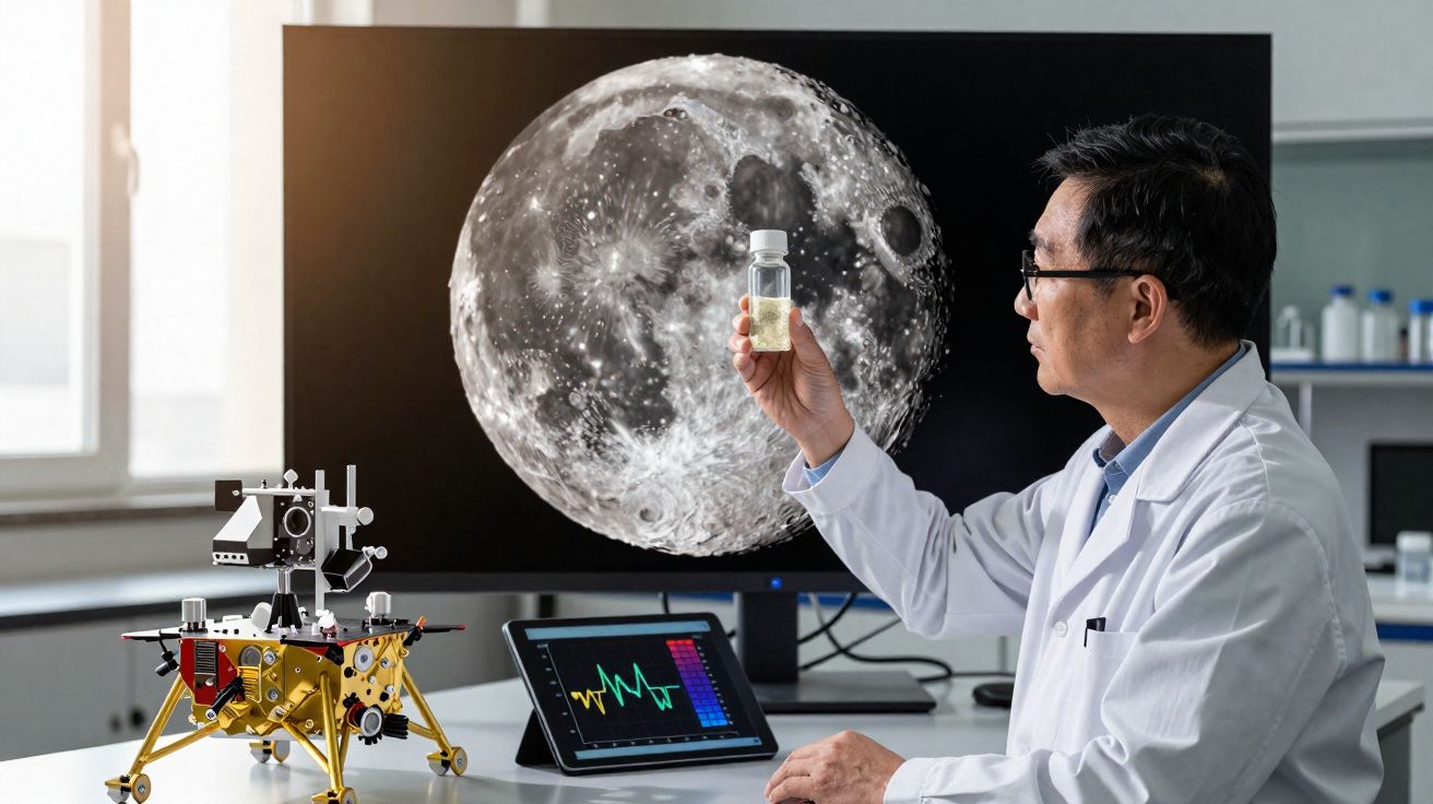 Cientista em laboratório segurando amostra com imagem da lua em tela ao fundo e modelo de sonda lunar.