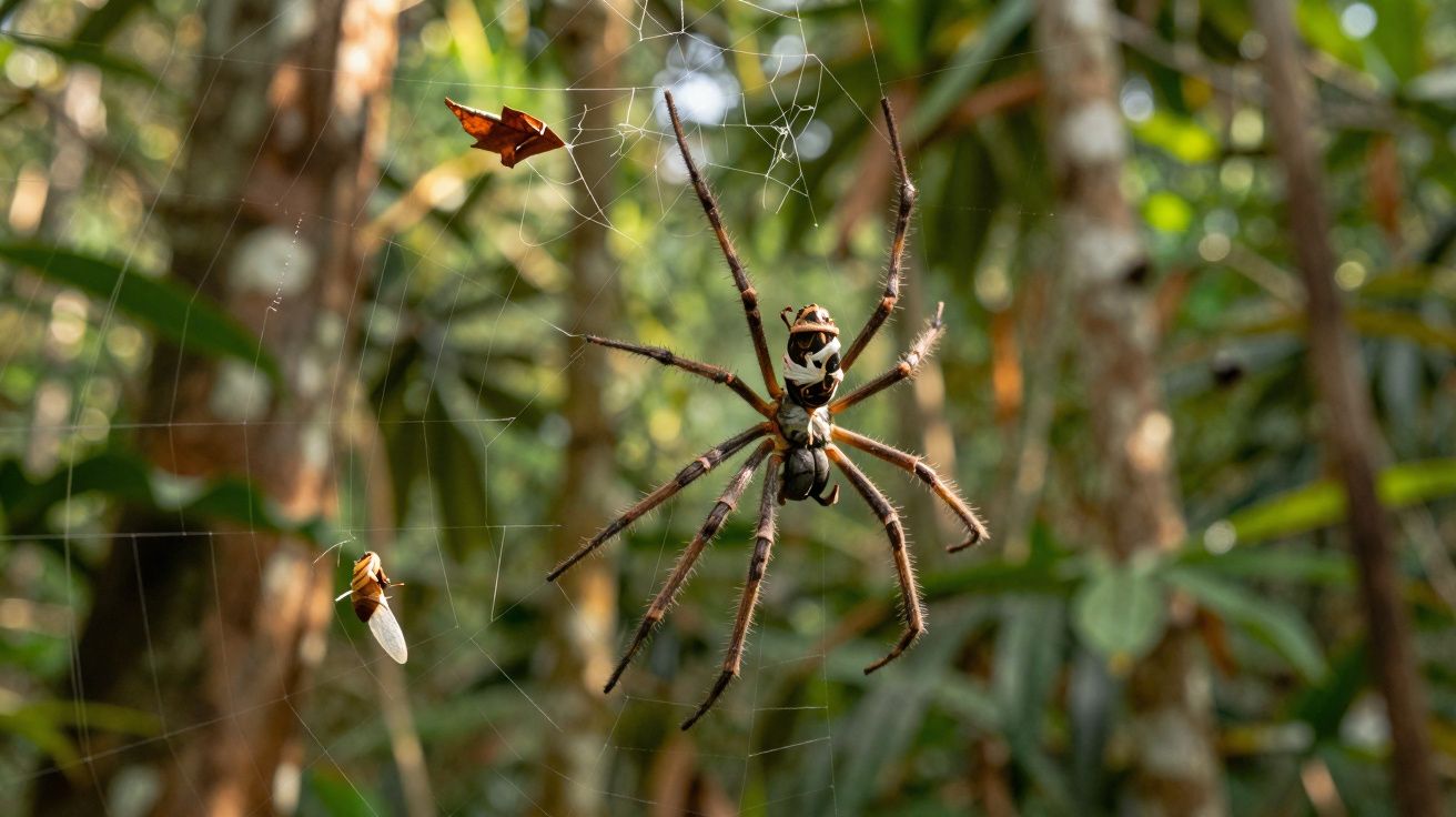 Aranha marrom com patas longas em teia na floresta com insetos presos ao redor.
