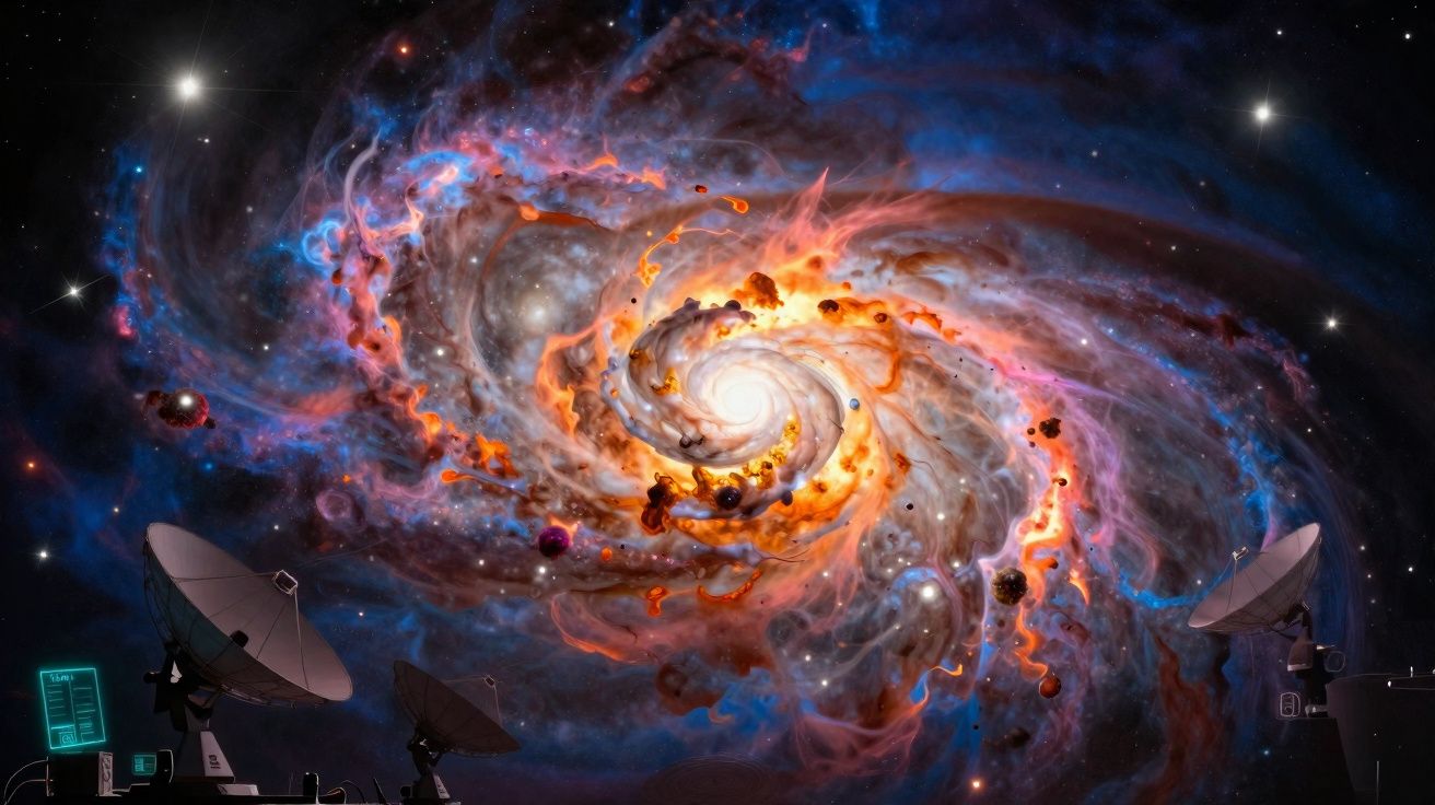 Antenas de radar apontando para uma galáxia espiral colorida com estrelas e nebulosas ao fundo.