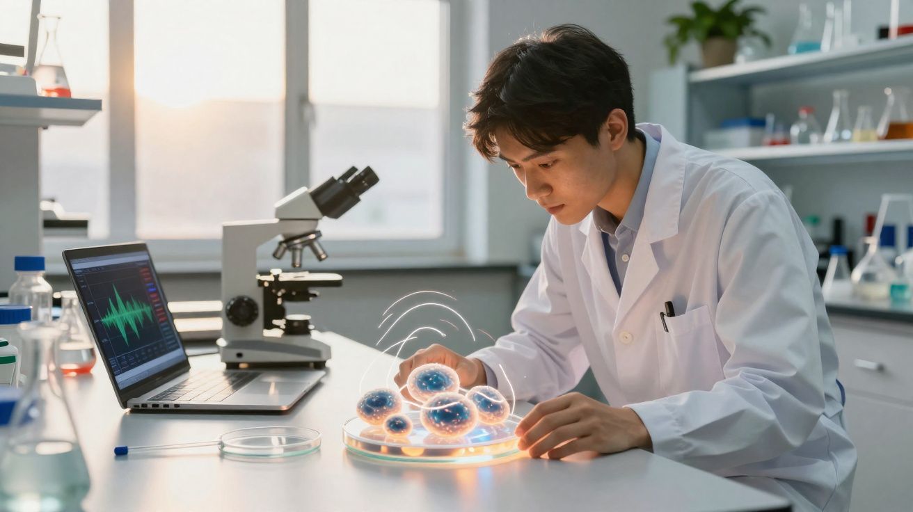 Cientista pesquisando células em placa de Petri iluminada, com microscópio e laptop em laboratório moderno.