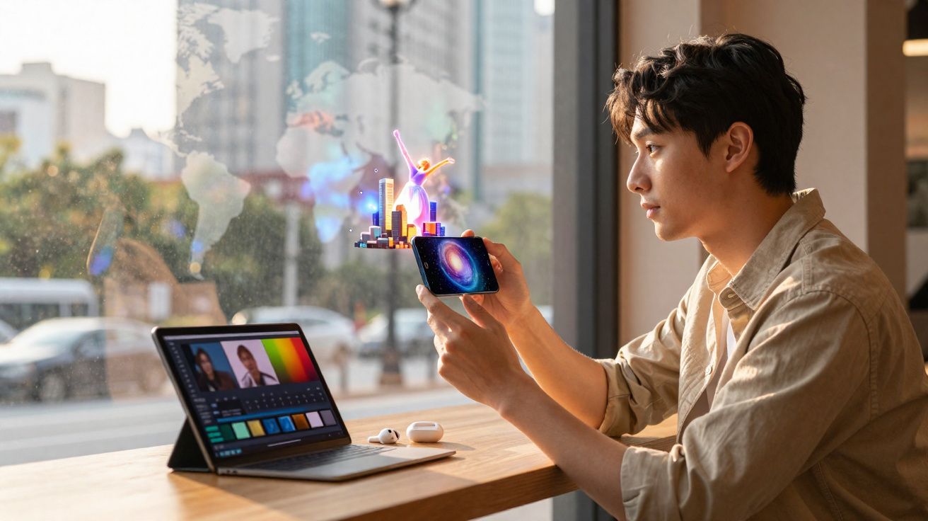 Homem usando celular com holograma 3D de cidade futurista em ambiente interno com laptop.