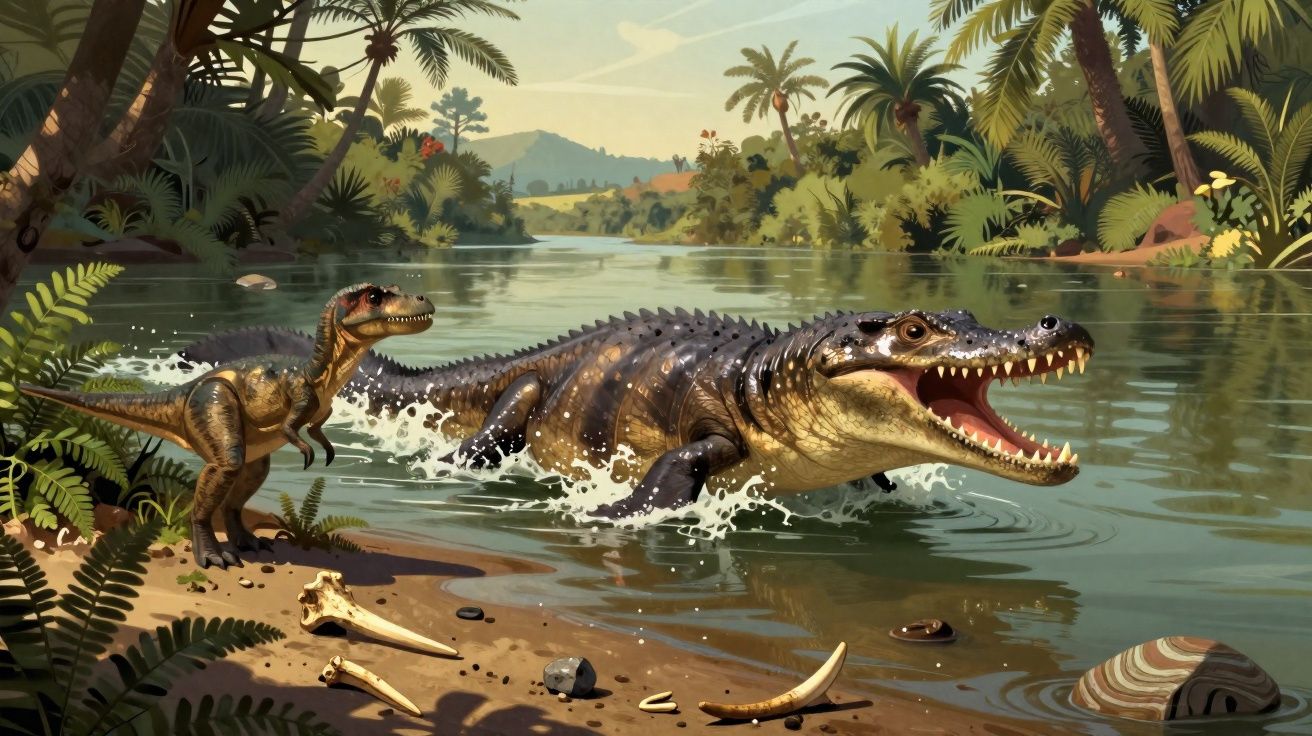 Dinossauro e crocodilo pré-histórico na margem de rio cercado por vegetação tropical e esqueletos.