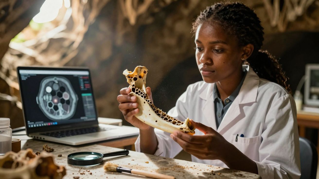 Mulher negra em jaleco analisando uma mandíbula óssea com escova e laptop ao fundo.