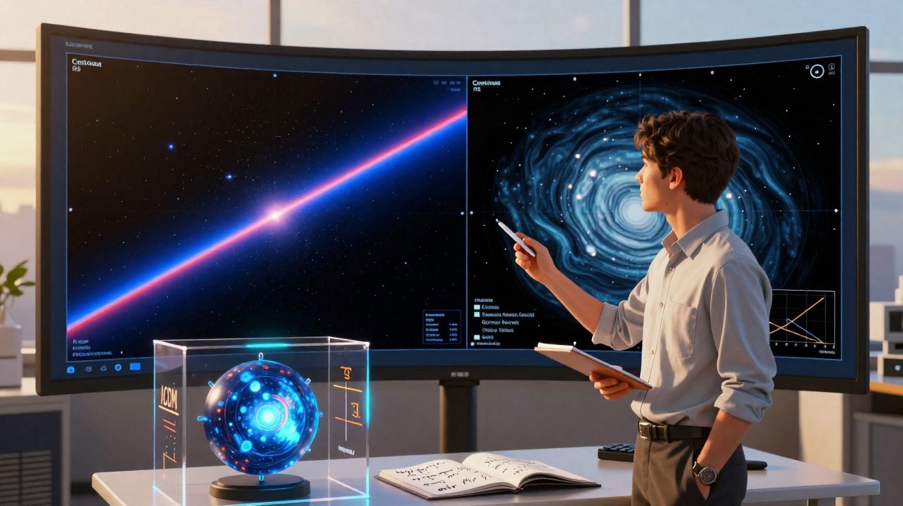 Jovem analisa dados de galáxias em telas curvas, com esfera luminosa e caderno sobre mesa de escritório.