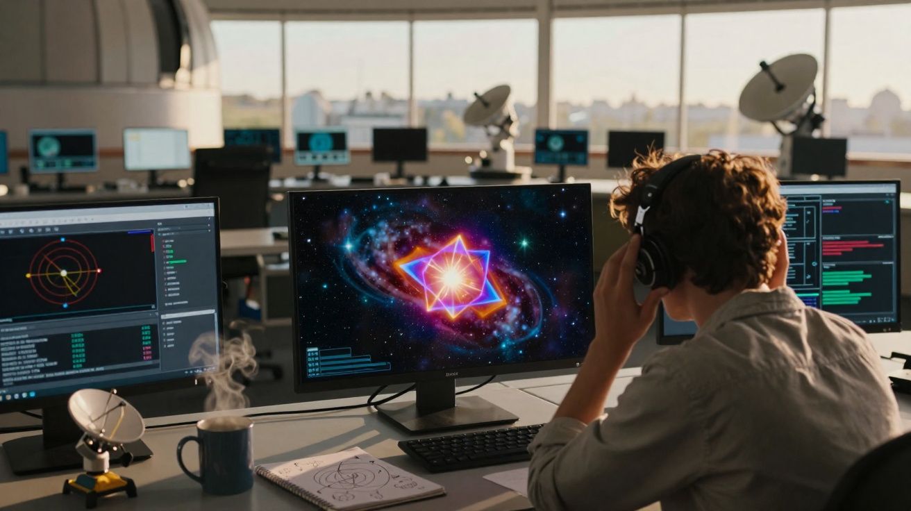 Pessoa com fones de ouvido trabalhando em computador com gráficos espaciais em escritório moderno.