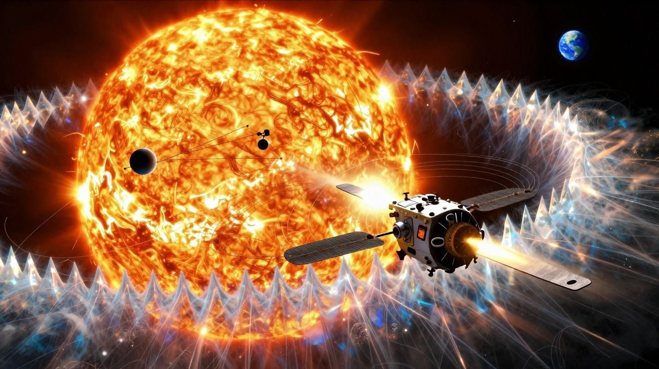 Ilustração de sonda espacial próxima ao Sol com Terra e planetas ao fundo, mostrando ondas magnéticas.