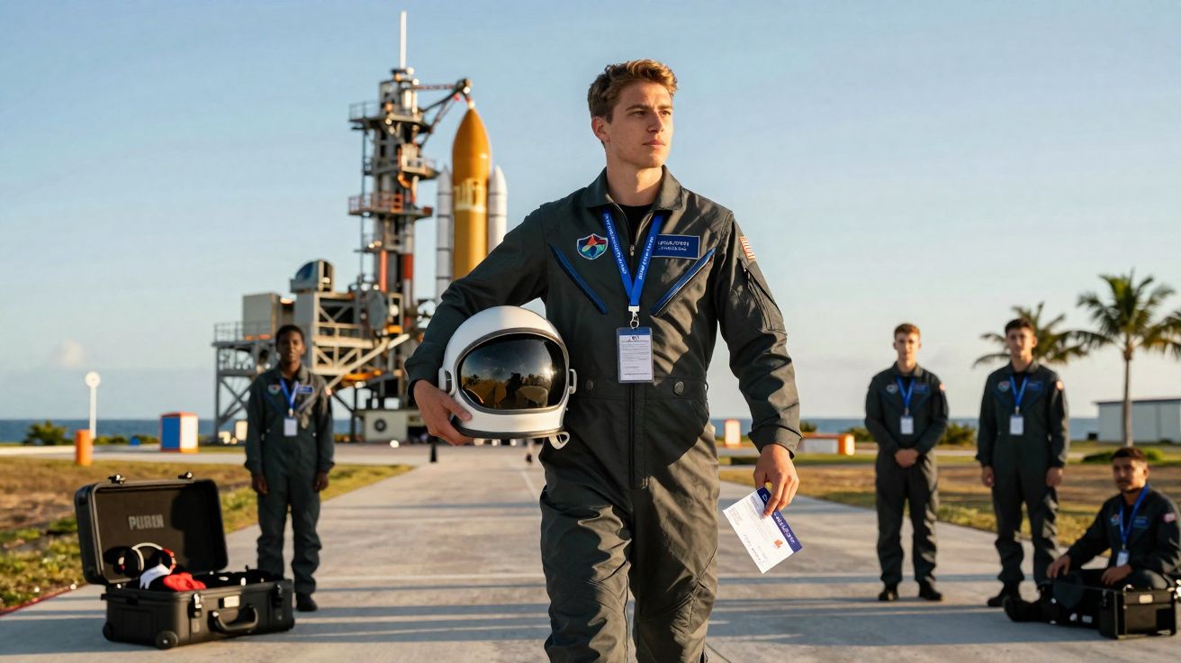 Jovem astronauta segurando capacete na plataforma de lançamento com foguete e equipe ao fundo.