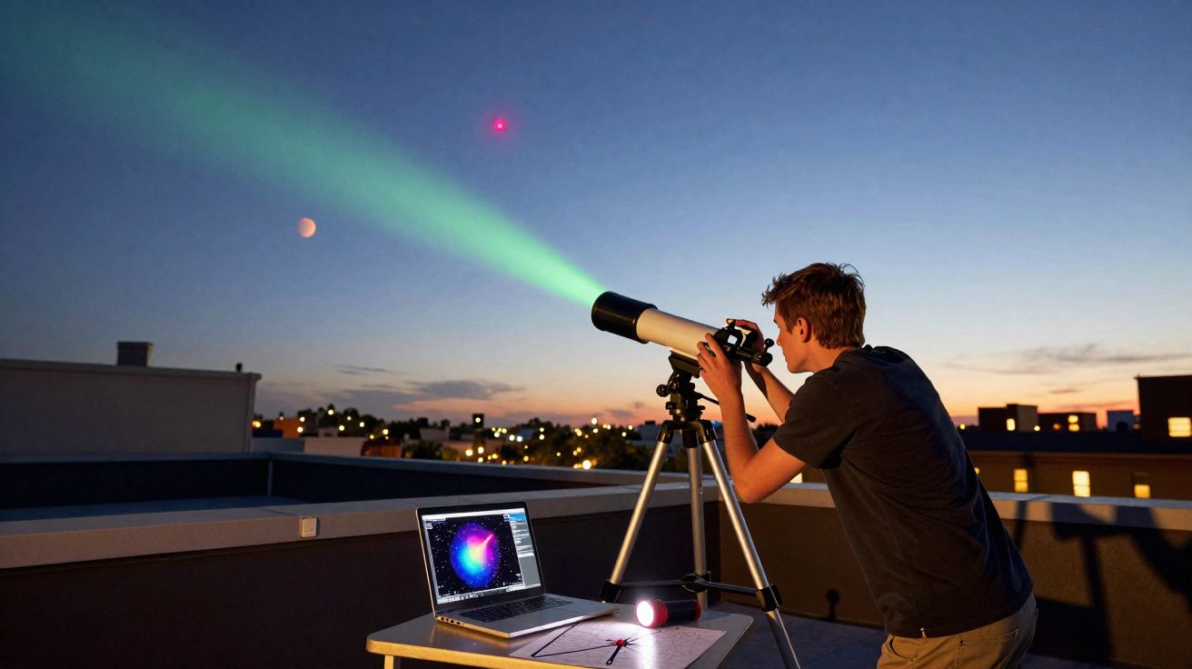 Jovem observa o céu ao entardecer com telescópio e computador em uma varanda urbana.