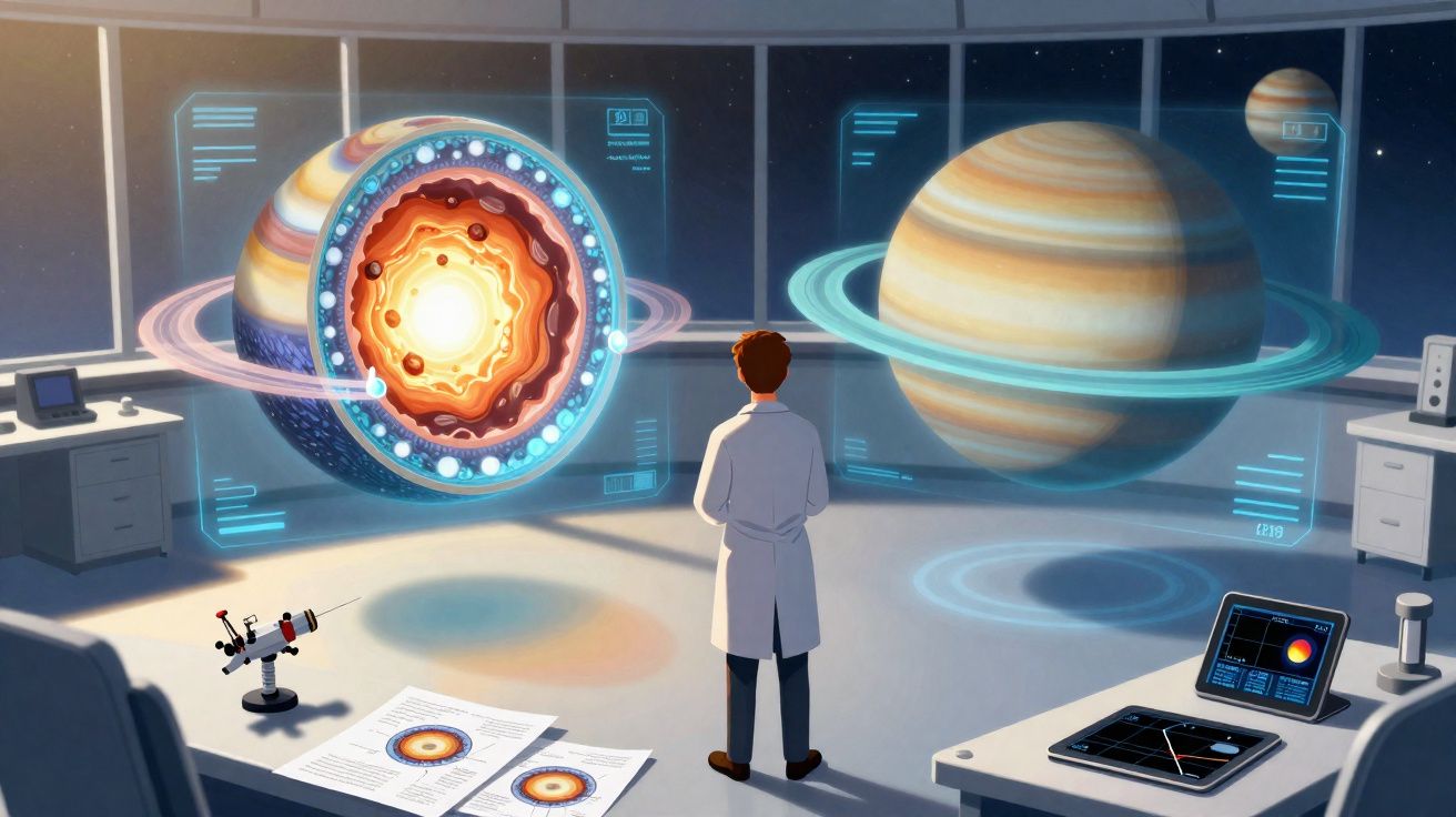 Cientista em laboratório observa hologramas detalhados de planetas gasosos com anéis.