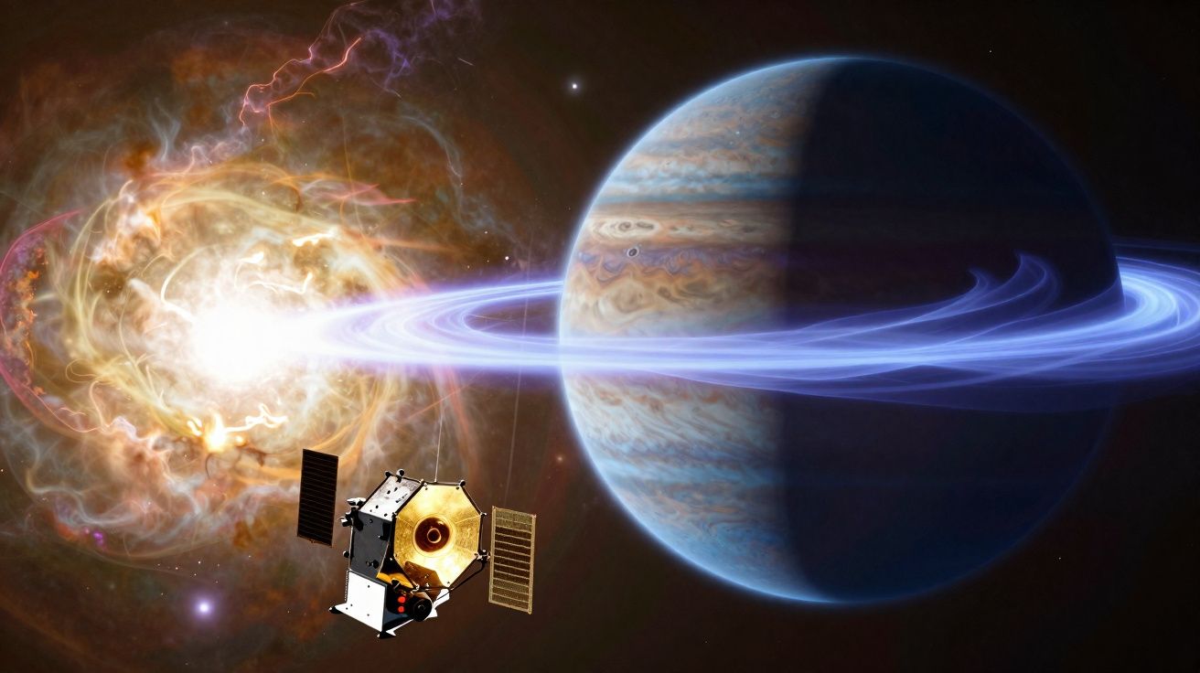 Sonda espacial próxima a um planeta gasoso com anéis brilhantes e uma estrela explodindo ao fundo.