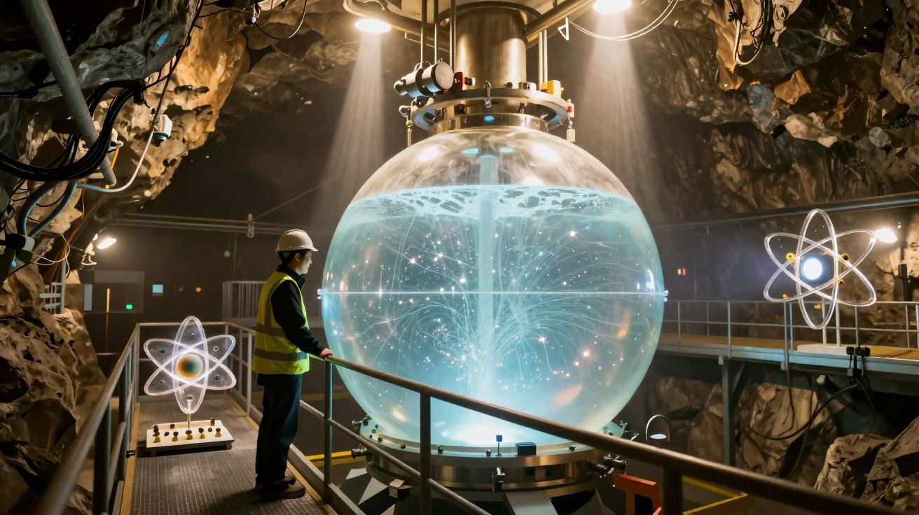 Pessoa com colete e capacete observa grande esfera transparente com efeitos luminosos em instalação subterrânea científica.