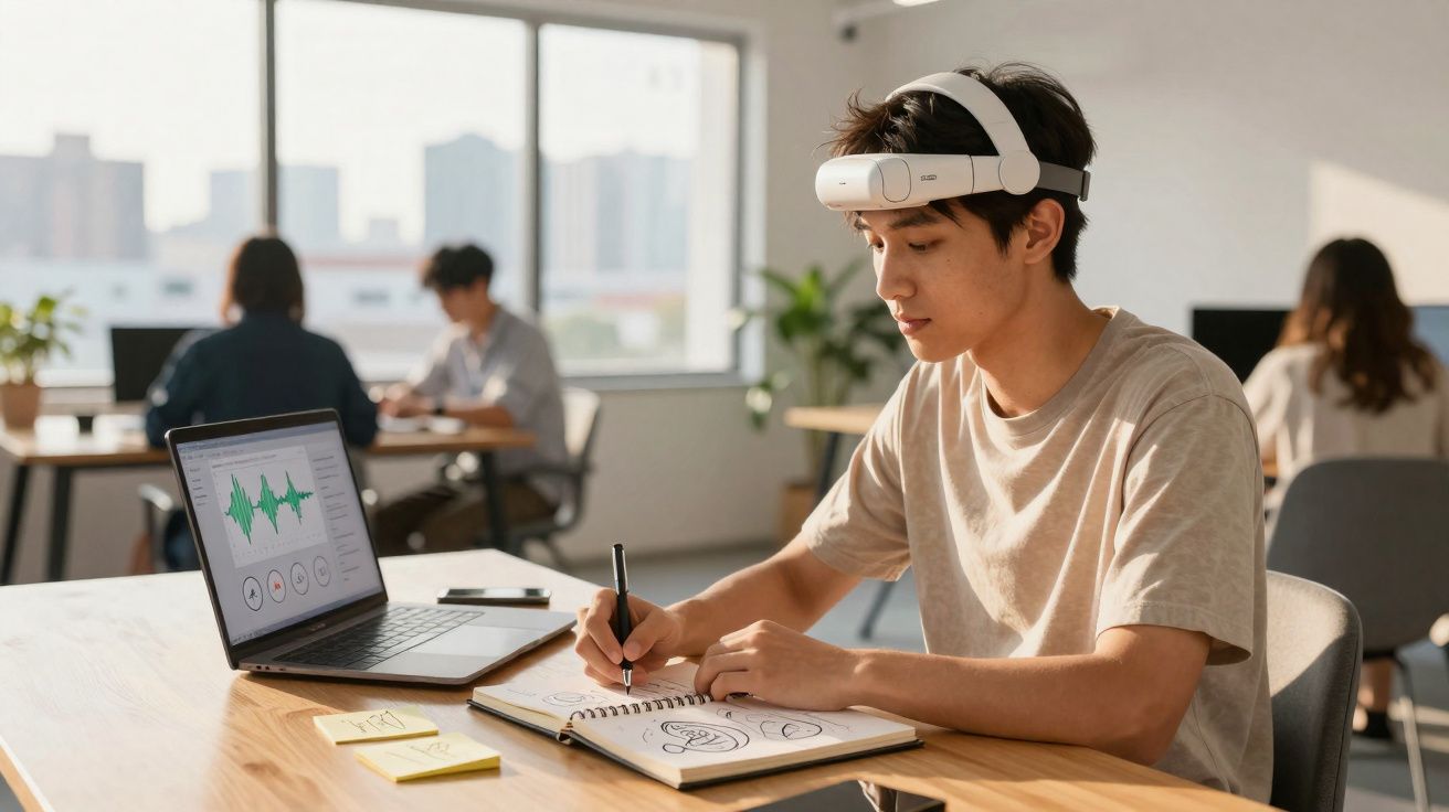 Jovem usando fone de cabeça digital e escrevendo em caderno, com laptop aberto em mesa de coworking.