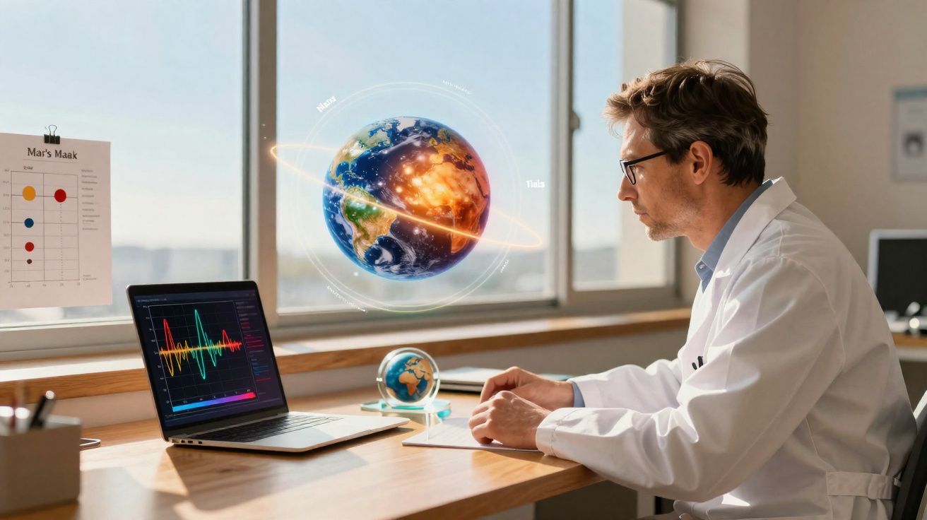 Homem de jaleco observa holograma da Terra com gráficos em laptop em escritório iluminado pela janela.