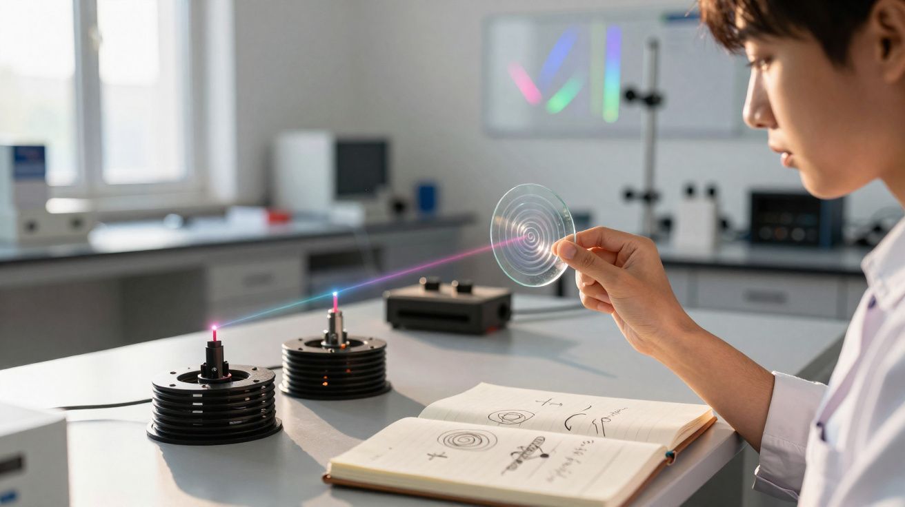 Pessoa em laboratório analisando experimento com laser e lentes, com caderno de anotações aberto.