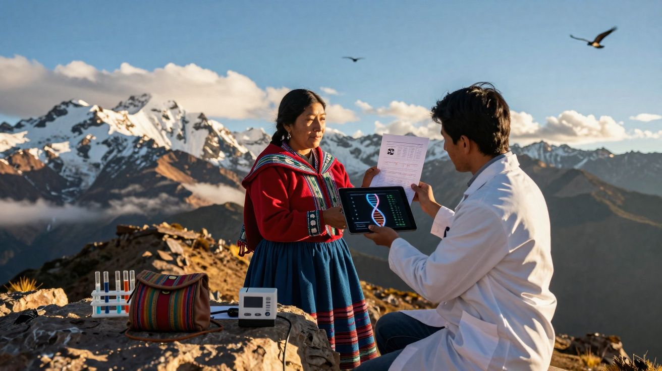 Profissional de saúde com tablet e mulher indígena em traje típico nas montanhas nevadas.