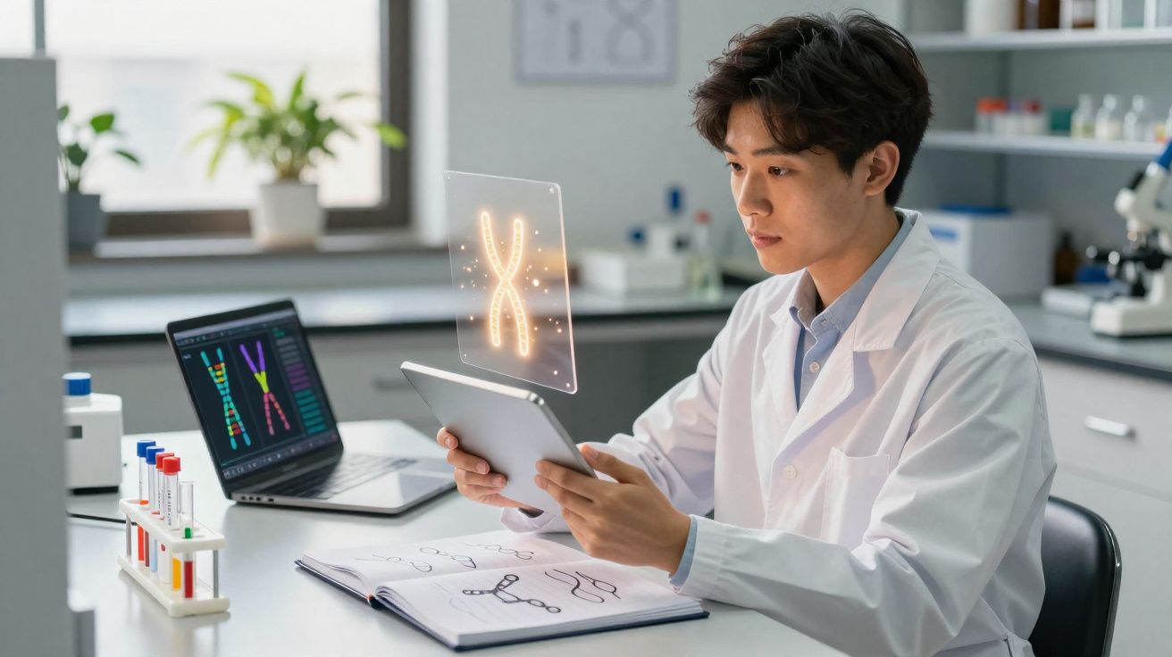 Cientista com jaleco branco em laboratório, analisando imagem holográfica de cromossomo em tablet.