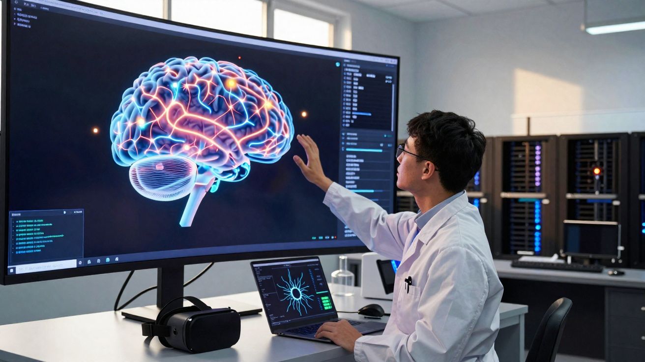 Cientista em laboratório analisando imagem digital do cérebro humano em tela grande com notebook.