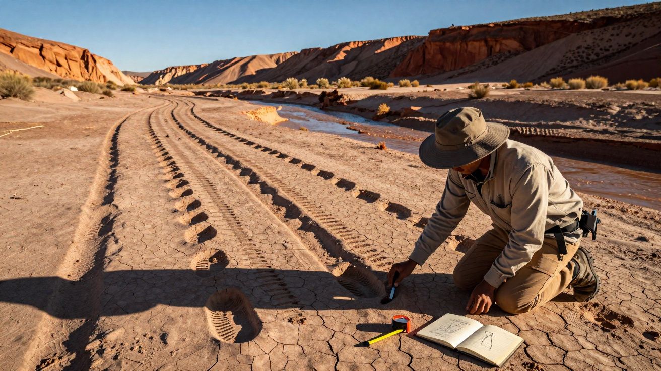 Homem estudando marcas de pneus e pegadas no chão seco em deserto com caderno e fita métrica.