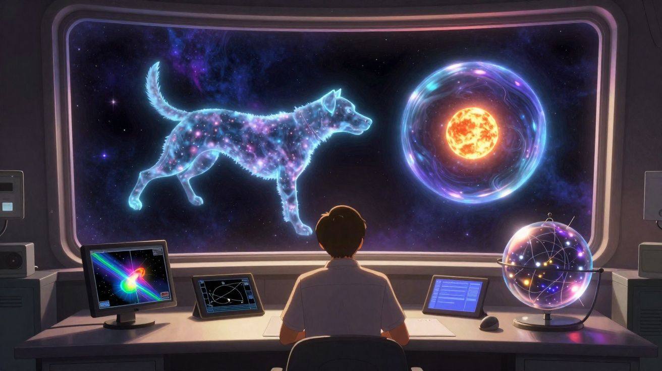 Pessoa observando no espaço uma constelação em forma de cachorro e um sol dentro de um campo energético brilhante.