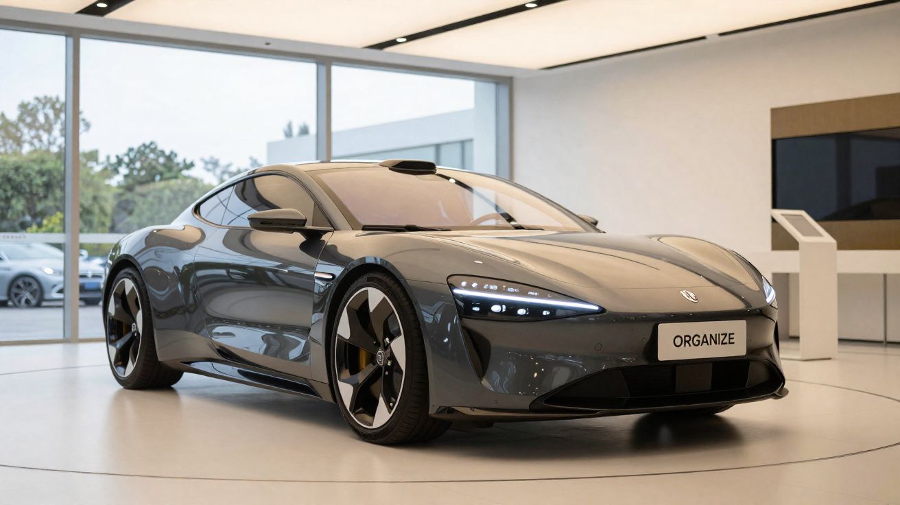 Carro esportivo cinza escuro exibido em showroom moderno com janelas grandes e iluminação suave.