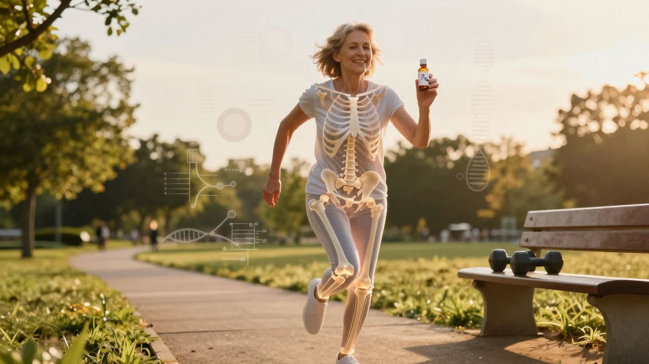 Mulher madura correndo em parque com ilustração do esqueleto e suplemento na mão.
