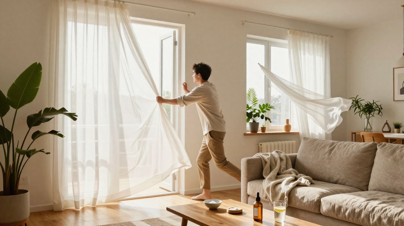 Homem abre cortina branca para varanda em sala clara com sofá cinza, plantas e mesa de madeira.
