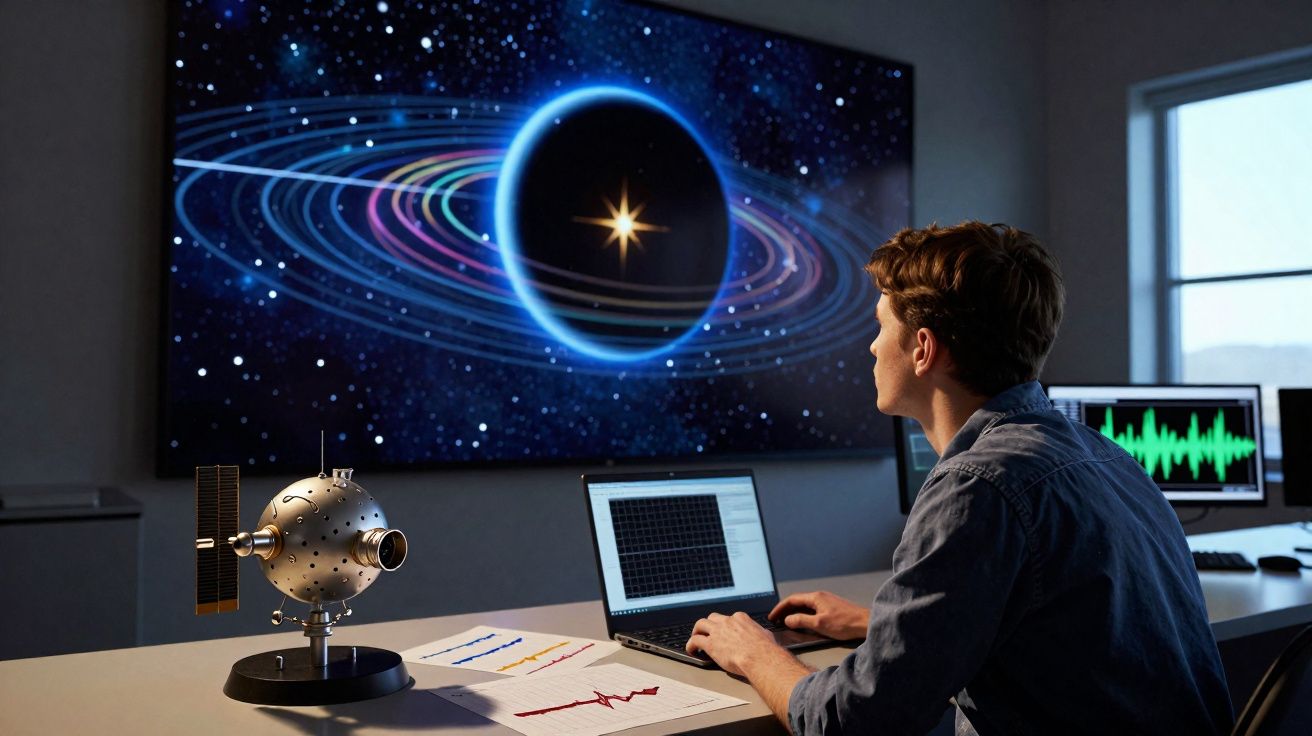Homem analisando dados em computador com imagem de planeta e anéis em tela grande à frente.