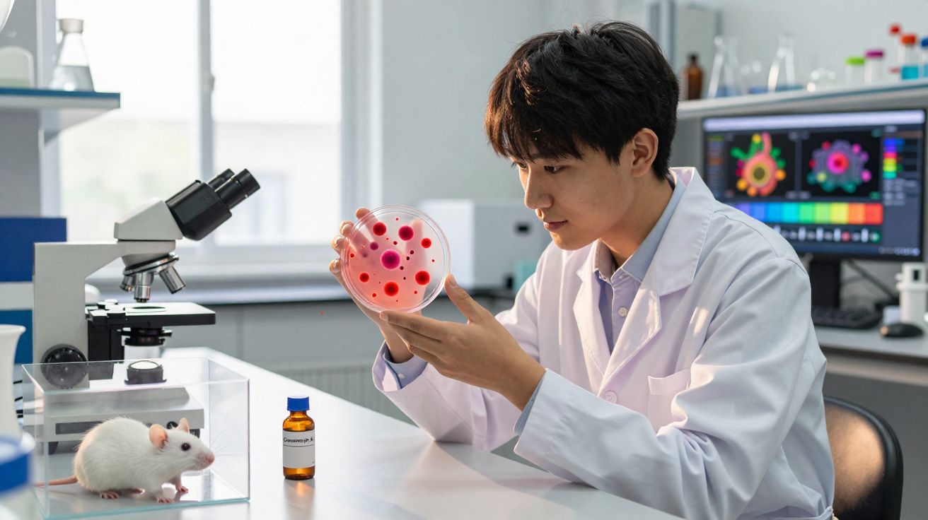Cientista em jaleco branco analisando placa de Petri com colônias vermelhas em laboratório moderno.