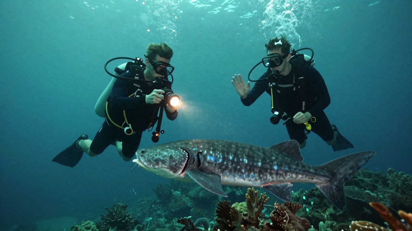 Dois mergulhadores com lanternas observam um tubarão-baleia nadando próximo a corais.
