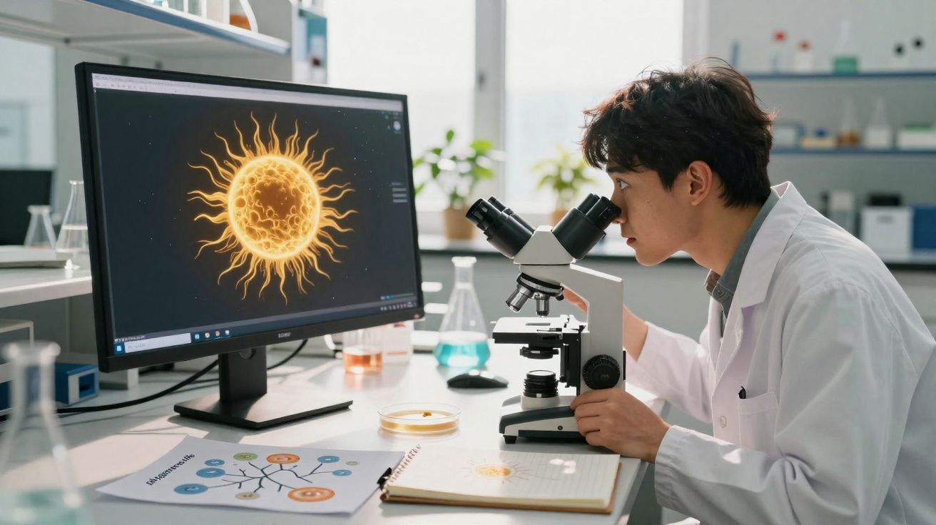 Cientista observa microrganismo em microscópio com imagem digitalizada na tela de computador no laboratório.