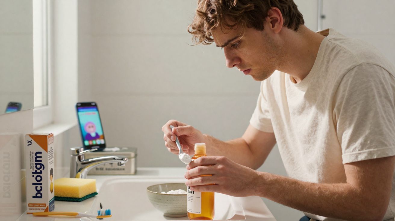 Homem retira medicamento líquido com colher na pia de banheiro com itens de higiene ao redor.