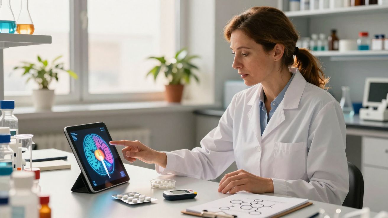 Mulher cientista em jaleco analisando imagem cerebral em tablet dentro de laboratório.